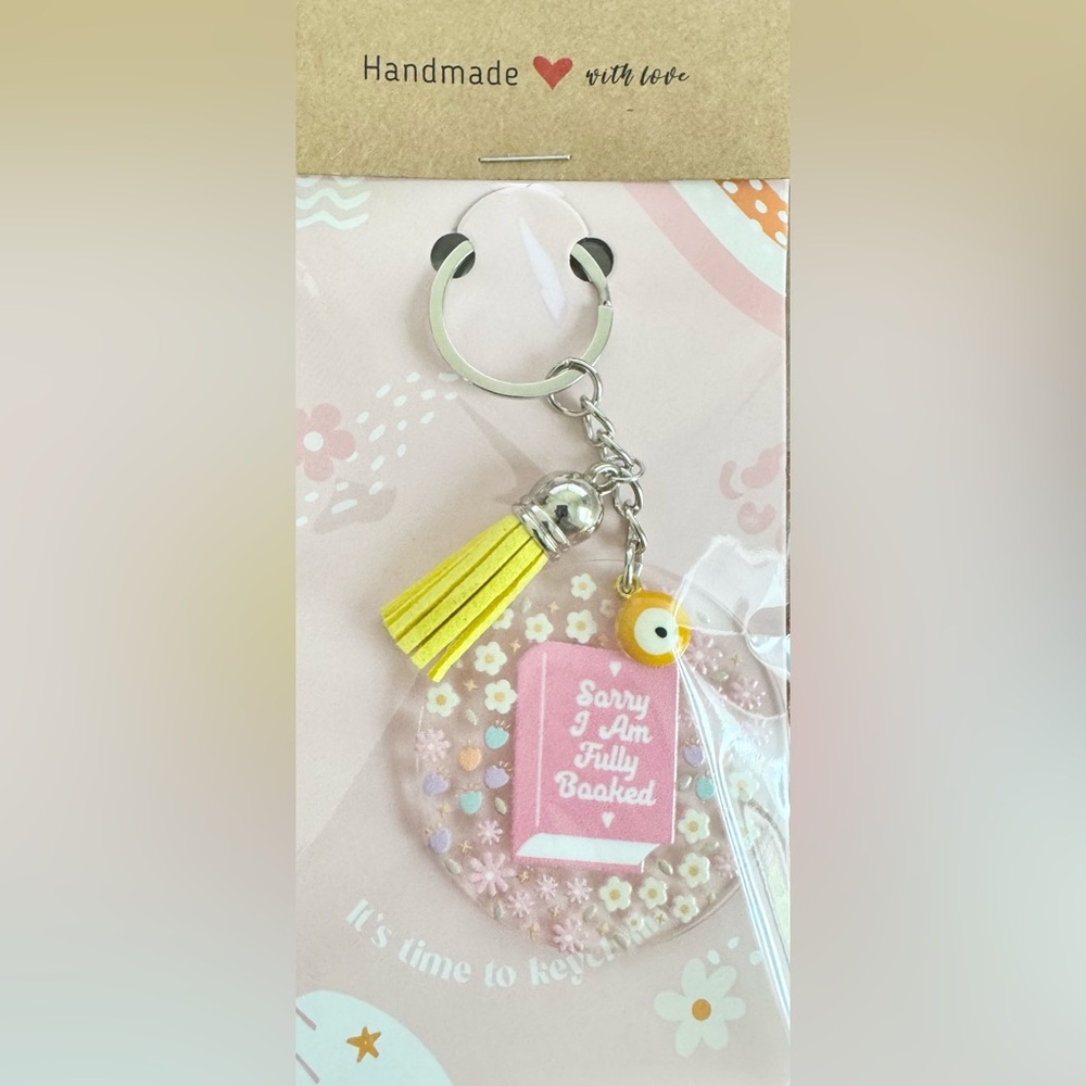 Pink and Yellow Keychain with evil eye charm and tassel